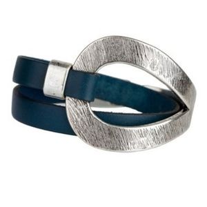 SAACHI Leather Wrap Cuff Bracelet Navy Blue Silver